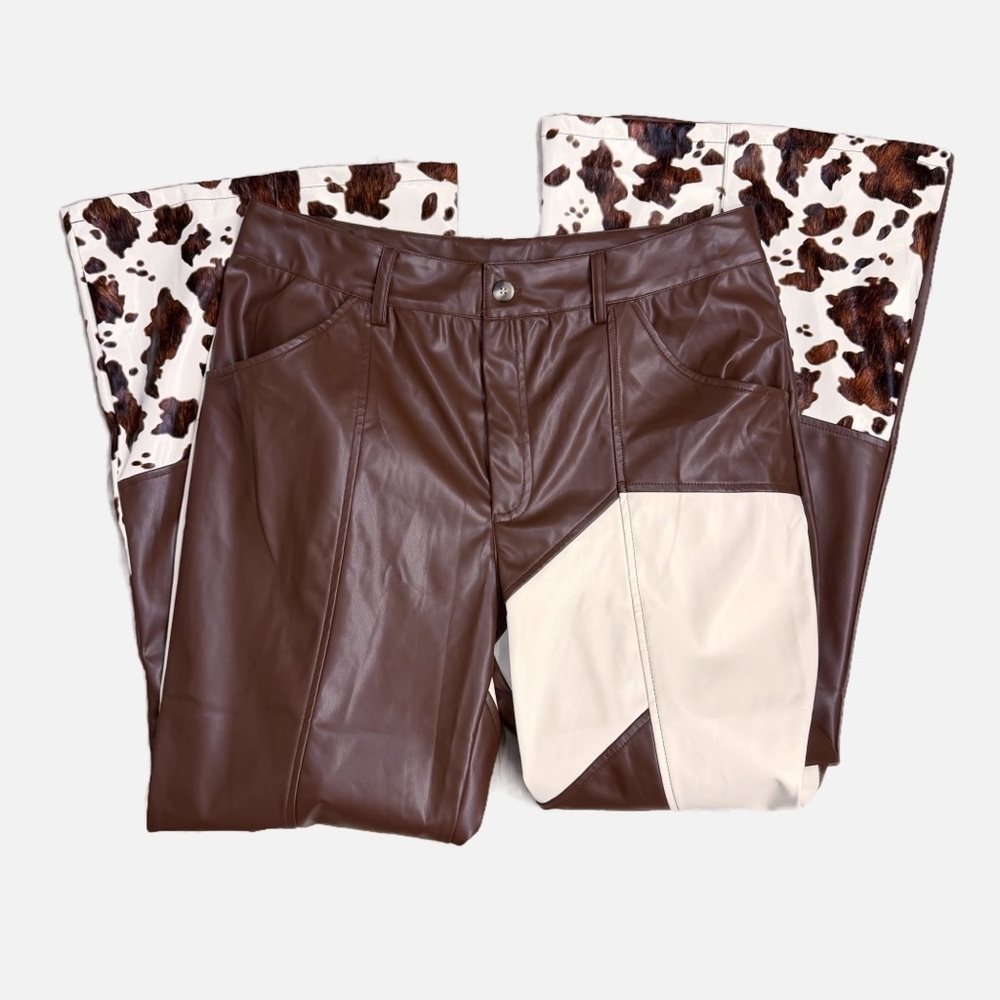 Ursime Western Cow Pattern PU Leather High‎ Waist Bell Bottom Pants - Size XL